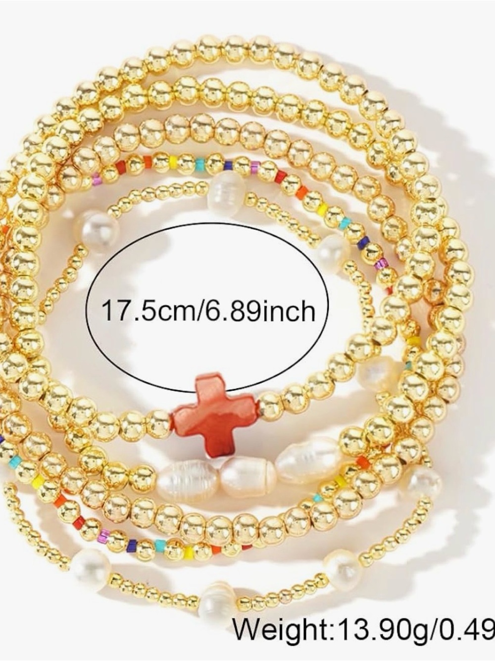 Gold Pearl Stackable Beaded Bracelet Set with White Cross Accent - Picture 6 of 14